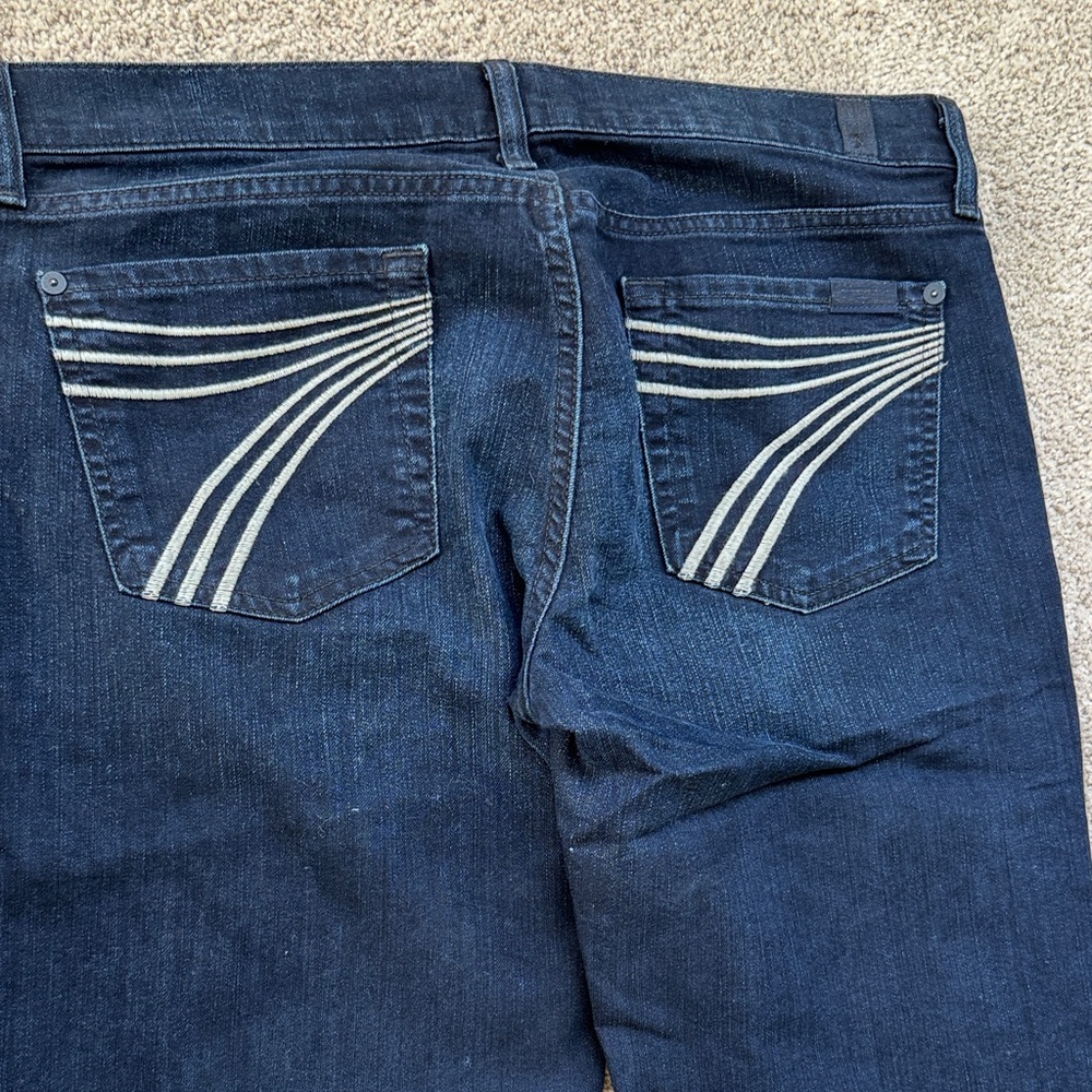 7 For All Mankind Dark Indigo Bootcut Jeans with White Pocket Stitching